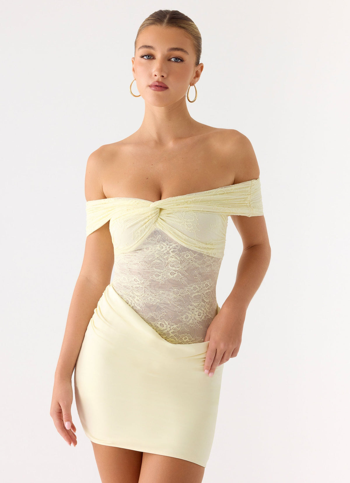 Off Shoulder Twist Front Sheer Lace Panel Ruched Bodycon Mini Dress 4