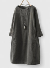 Corduroy Long Sleeve Pocket Shift Midi Dress
