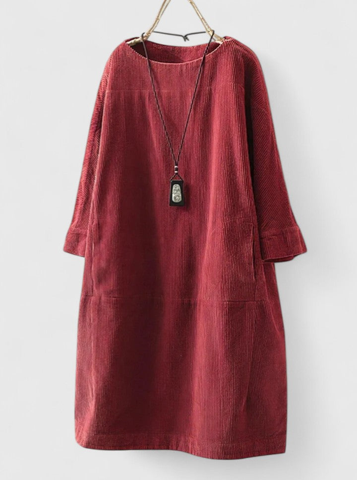 Corduroy Long Sleeve Pocket Shift Midi Dress 4