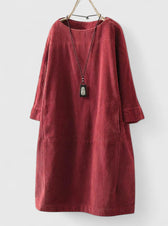 Corduroy Long Sleeve Pocket Shift Midi Dress 4