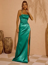 Eleanor Satin Backless Split Maxi Dress In Green 3