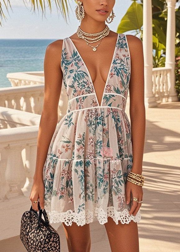 Elegant Apricot Deep-V Neck Print Chiffon Mini Dress Summer