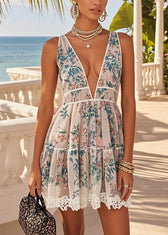 Elegant Apricot Deep-V Neck Print Chiffon Mini Dress Summer