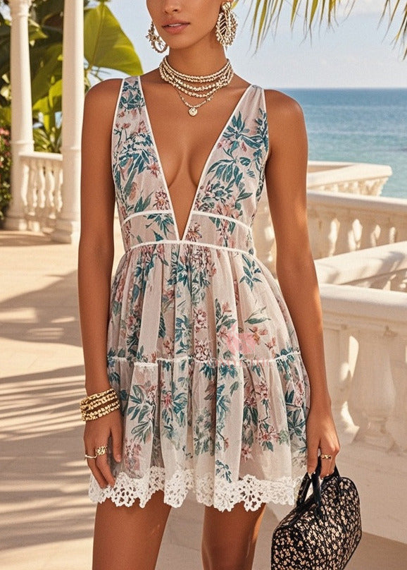 Elegant Apricot Deep-V Neck Print Chiffon Mini Dress Summer 3