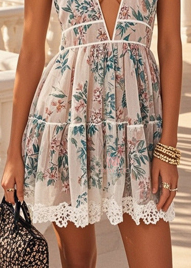 Elegant Apricot Deep-V Neck Print Chiffon Mini Dress Summer 4