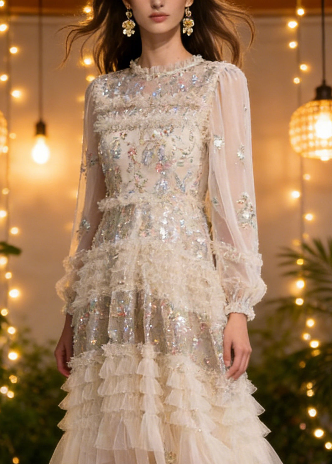 Elegant Apricot Embroidered Ruffled Patchwork Tulle Long Dresses Spring 2