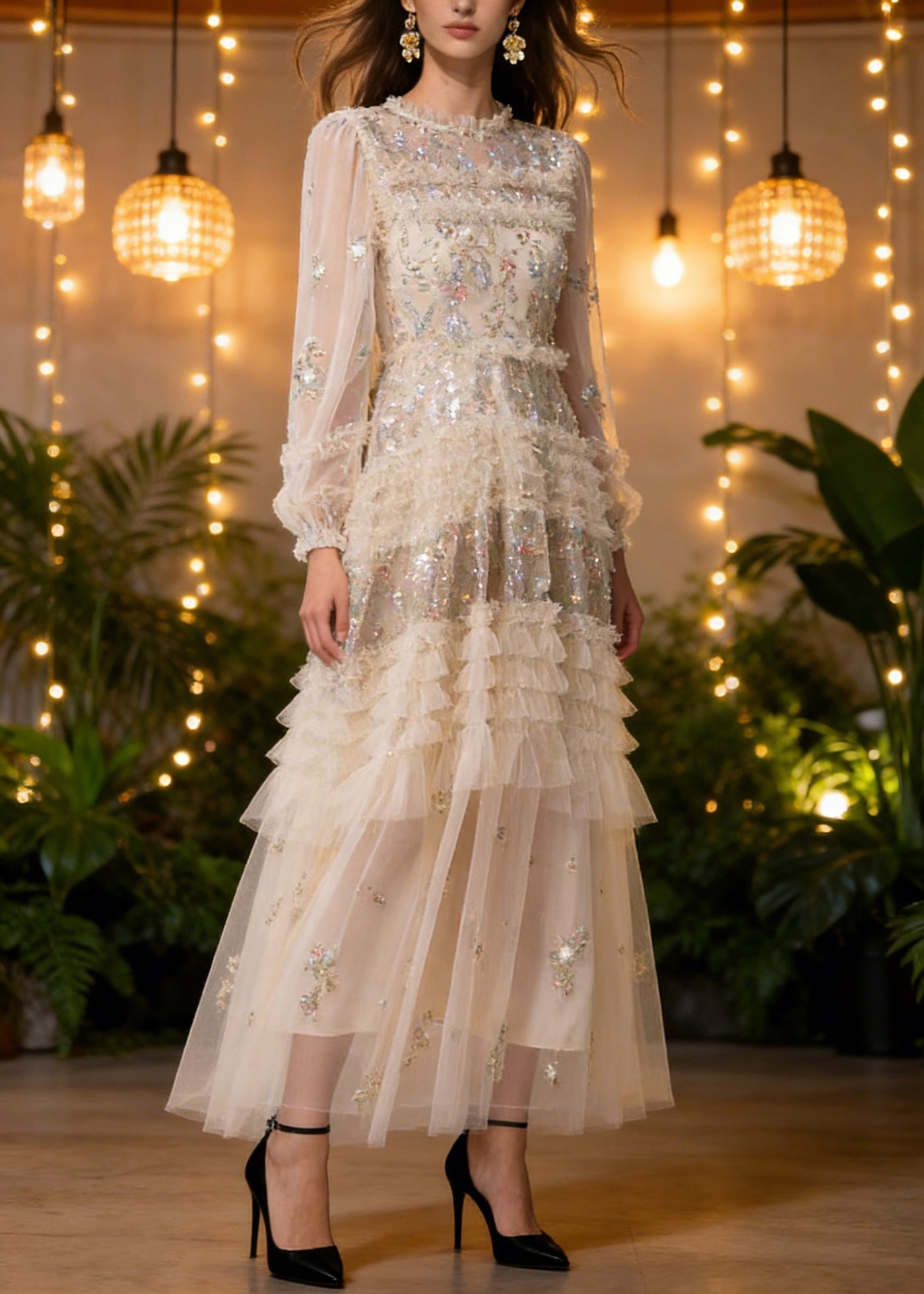 Elegant Apricot Embroidered Ruffled Patchwork Tulle Long Dresses Spring 3