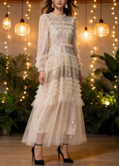 Elegant Apricot Embroidered Ruffled Patchwork Tulle Long Dresses Spring 3