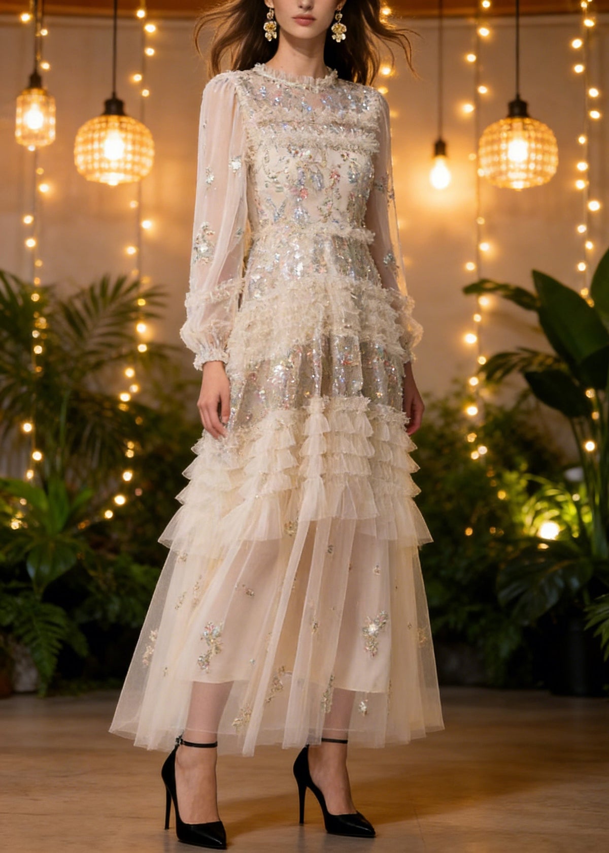 Elegant Apricot Embroidered Ruffled Patchwork Tulle Long Dresses Spring - View 3