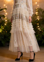 Elegant Apricot Embroidered Ruffled Patchwork Tulle Long Dresses Spring 4