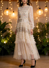 Elegant Apricot Embroidered Ruffled Patchwork Tulle Long Dresses Spring 5