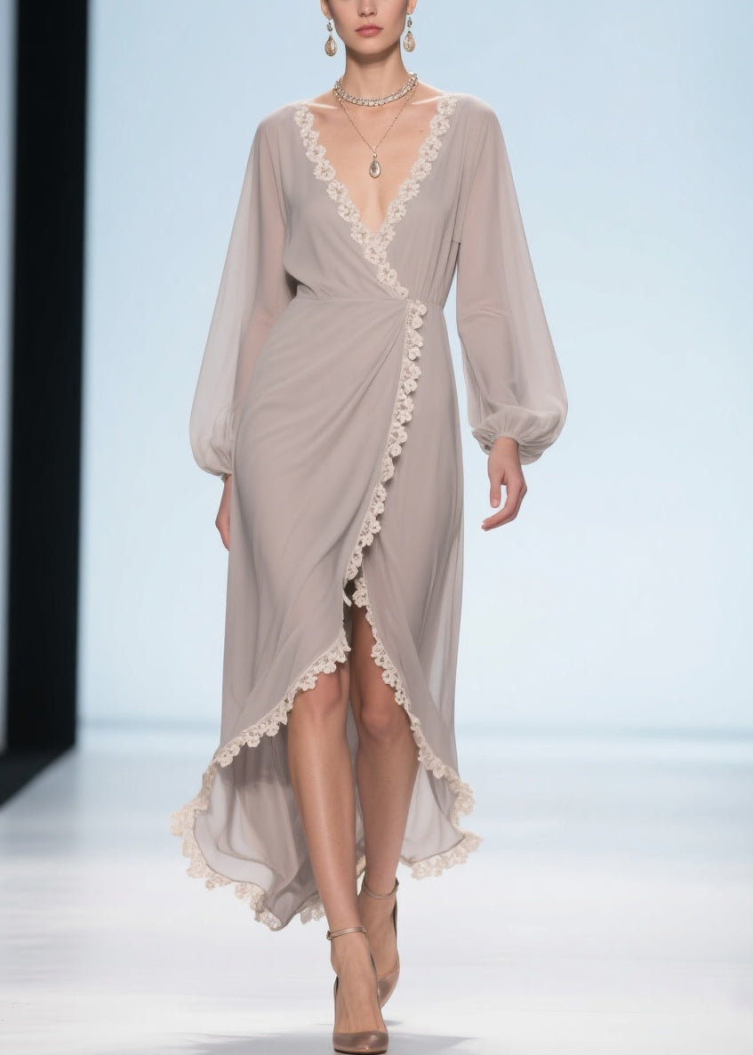 Chiffon Lace Trim V-Neck Lantern Sleeve Wrap High Low Midi Dress