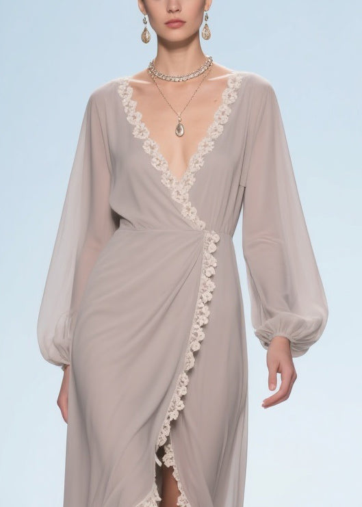 Elegant Apricot Lace Low High Design Chiffon Maxi Dresses 2