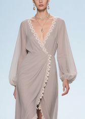 Elegant Apricot Lace Low High Design Chiffon Maxi Dresses 2