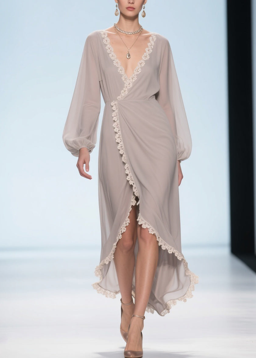 Elegant Apricot Lace Low High Design Chiffon Maxi Dresses 3