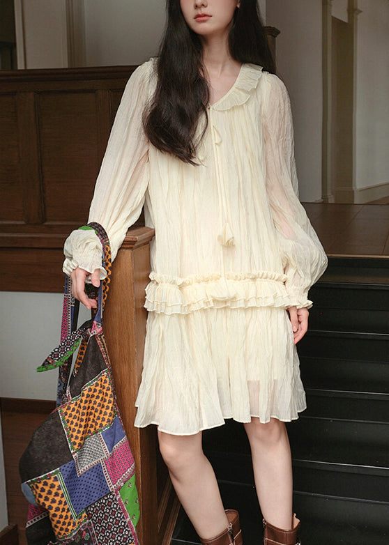 Elegant Apricot Lace Up Ruffled Silk Mini Dresses Fall - View 2