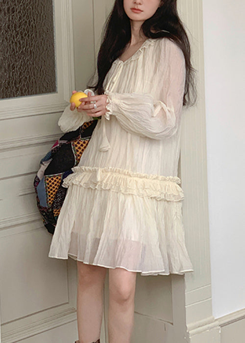 Elegant Apricot Lace Up Ruffled Silk Mini Dresses Fall - View 4