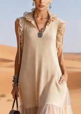 Elegant Apricot Ruffled Tulle Patchwork Knit Maxi Dress Summer 2