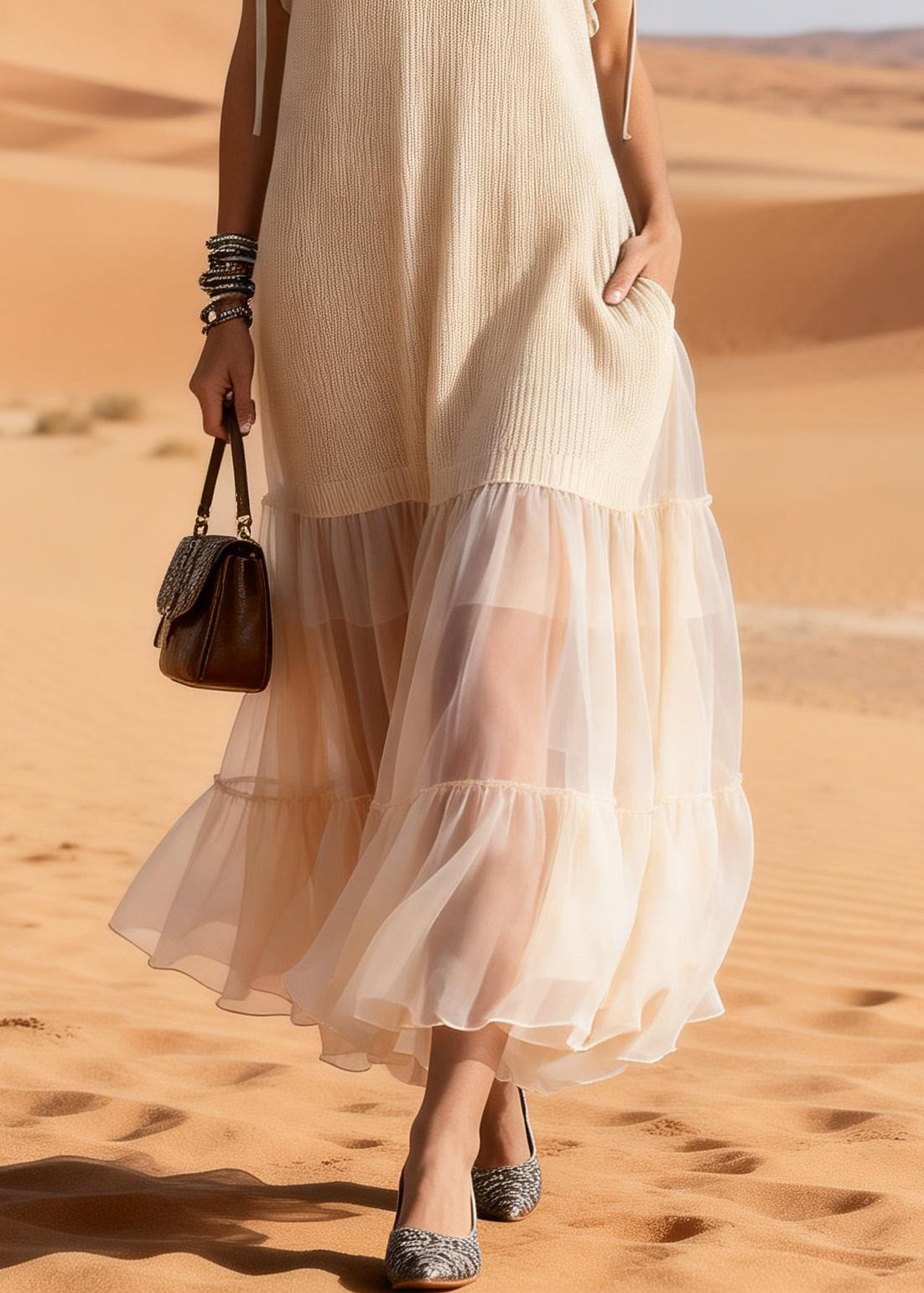 Elegant Apricot Ruffled Tulle Patchwork Knit Maxi Dress Summer 4