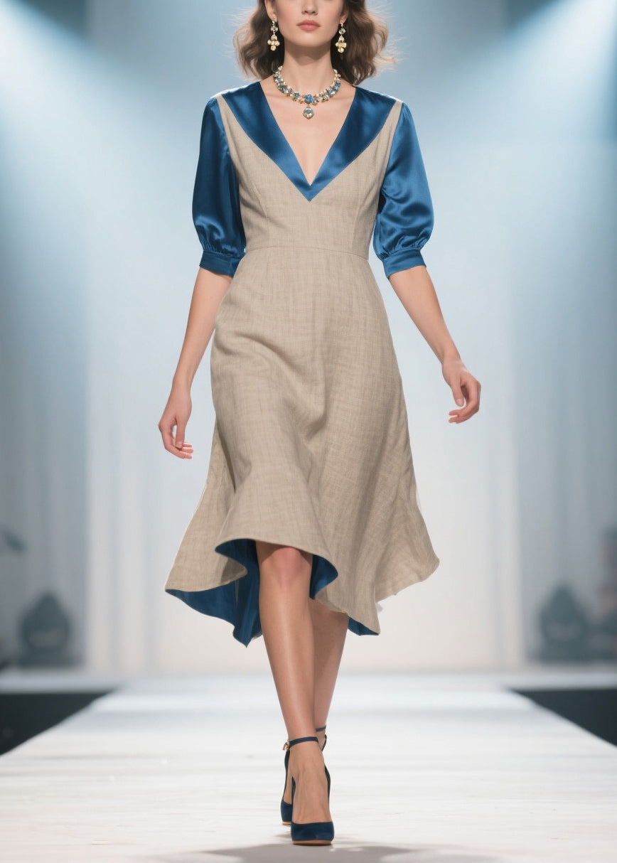 Faux Two-Piece Deep V-Neck Pointed Collar Puff Sleeve Woven A-Line Midi Dress