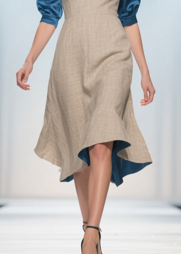 Elegant Apricot V Neck Patchwork Linen Silk Fake Two Piece Dress Summer