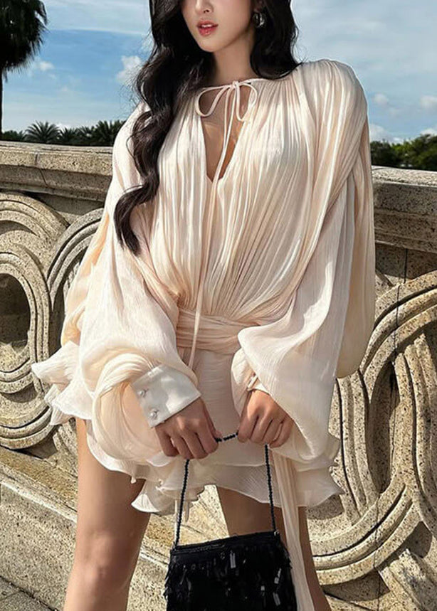 Elegant Apricot Wrinkled Lace Up Tulle Mini Dress Spring 3