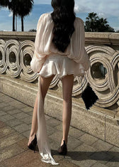 Elegant Apricot Wrinkled Lace Up Tulle Mini Dress Spring 5
