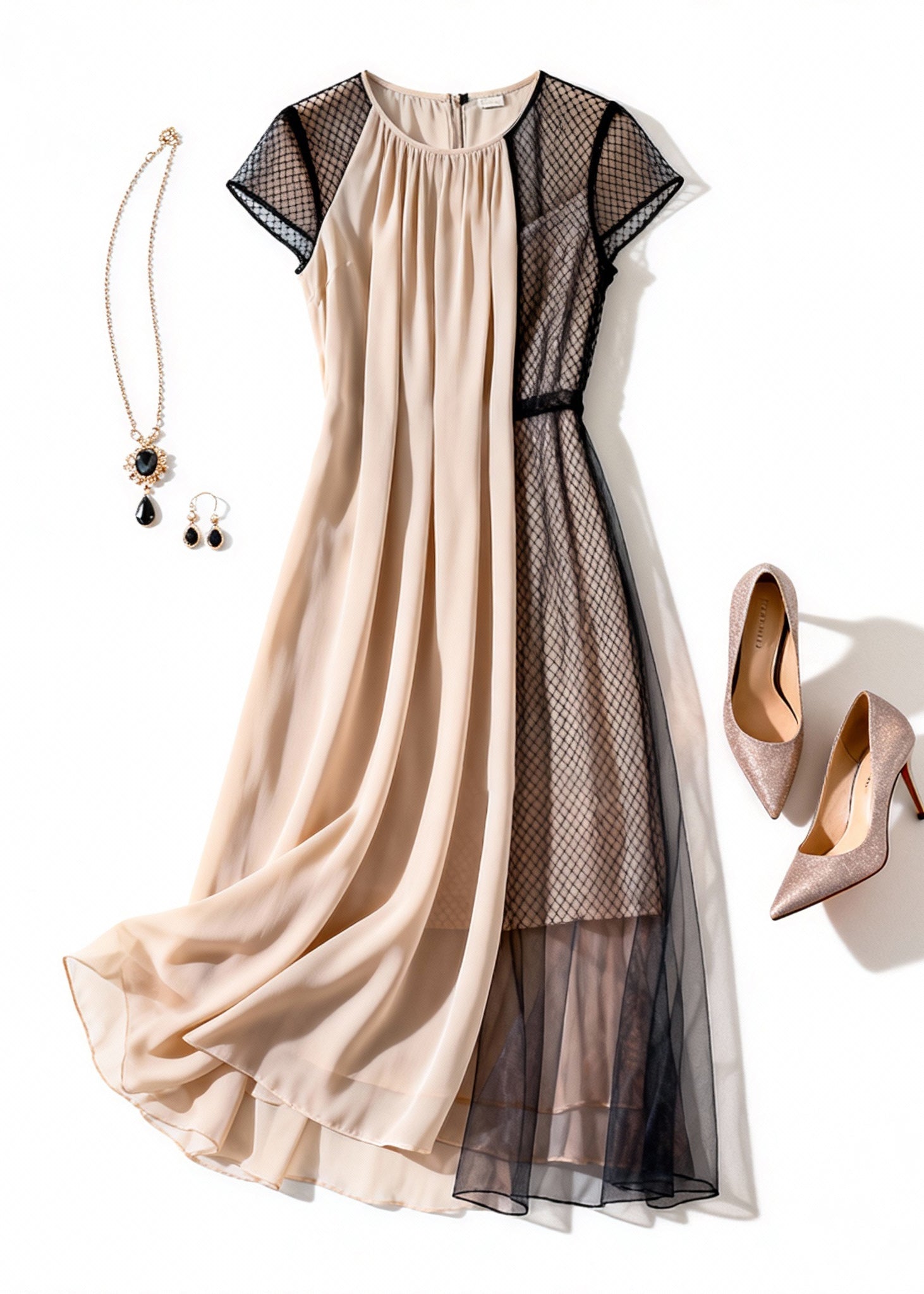 Mesh Cap Sleeve High Neck Pleated Panel Asymmetrical Layered Midi Dress