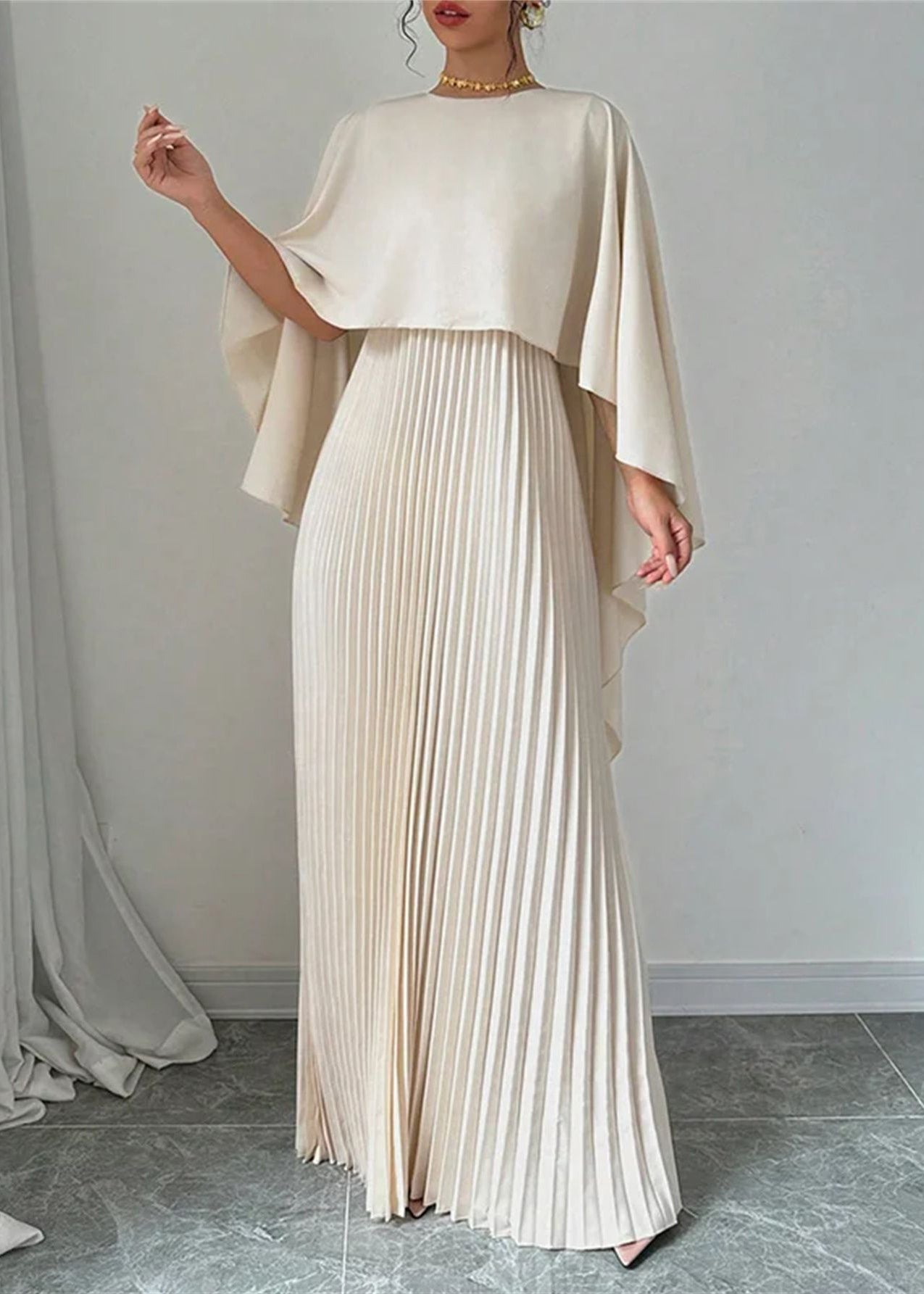 Elegant Beige Asymmetrical Patchwork Long Dress Batwing Sleeve