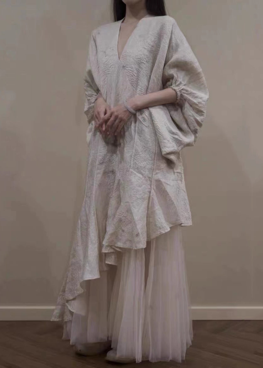 Elegant Beige Asymmetrical Tulle Patchwork Maxi Dress Lantern Sleeve - View 4