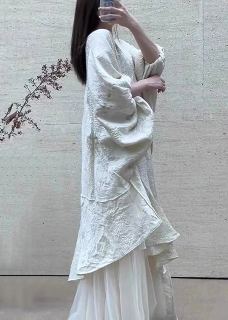 Elegant Beige Asymmetrical Tulle Patchwork Maxi Dress Lantern Sleeve - View 5