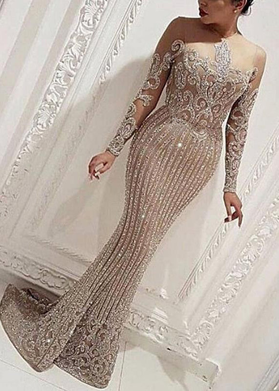 Sequin Off Shoulder Illusion Neck Long Sleeve Mermaid Maxi Gown