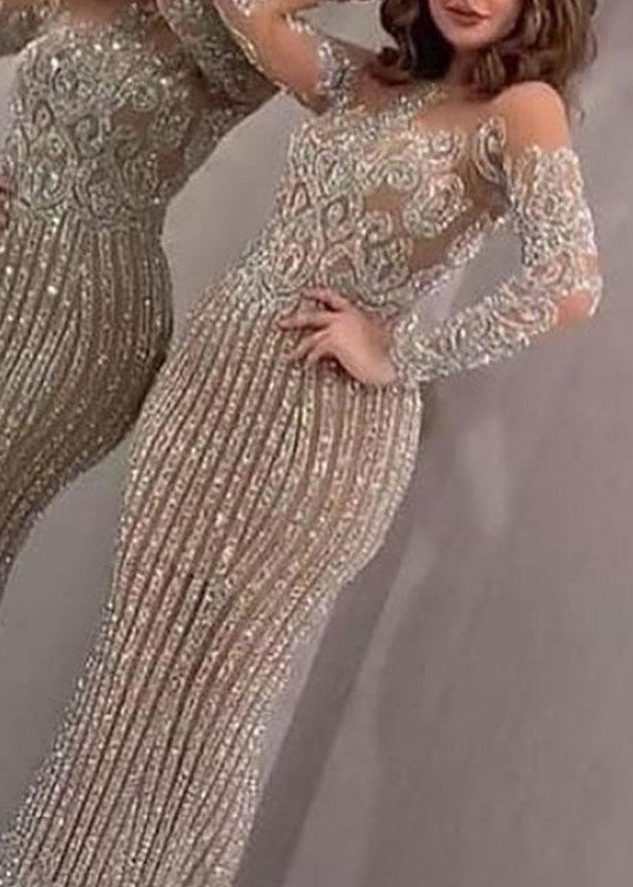 Sequin Off Shoulder Illusion Neck Long Sleeve Mermaid Maxi Gown