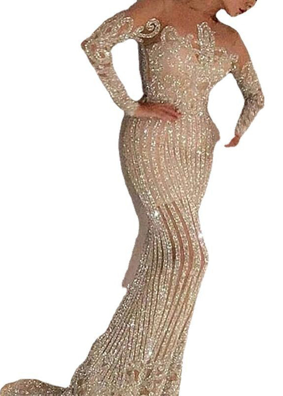 Sequin Off Shoulder Illusion Neck Long Sleeve Mermaid Maxi Gown