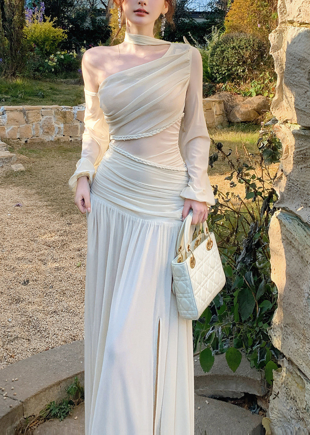 Elegant Beige One Shoulder Wrinkled Knit Party Dresses Summer
