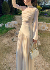 Elegant Beige One Shoulder Wrinkled Knit Party Dresses Summer 3