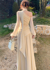 Elegant Beige One Shoulder Wrinkled Knit Party Dresses Summer 5