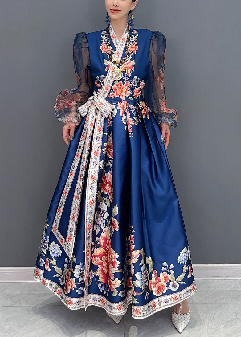 Paisley Print Satin Stand Collar V-Neck Puff Sleeve Tie Waist A-Line Maxi Gown