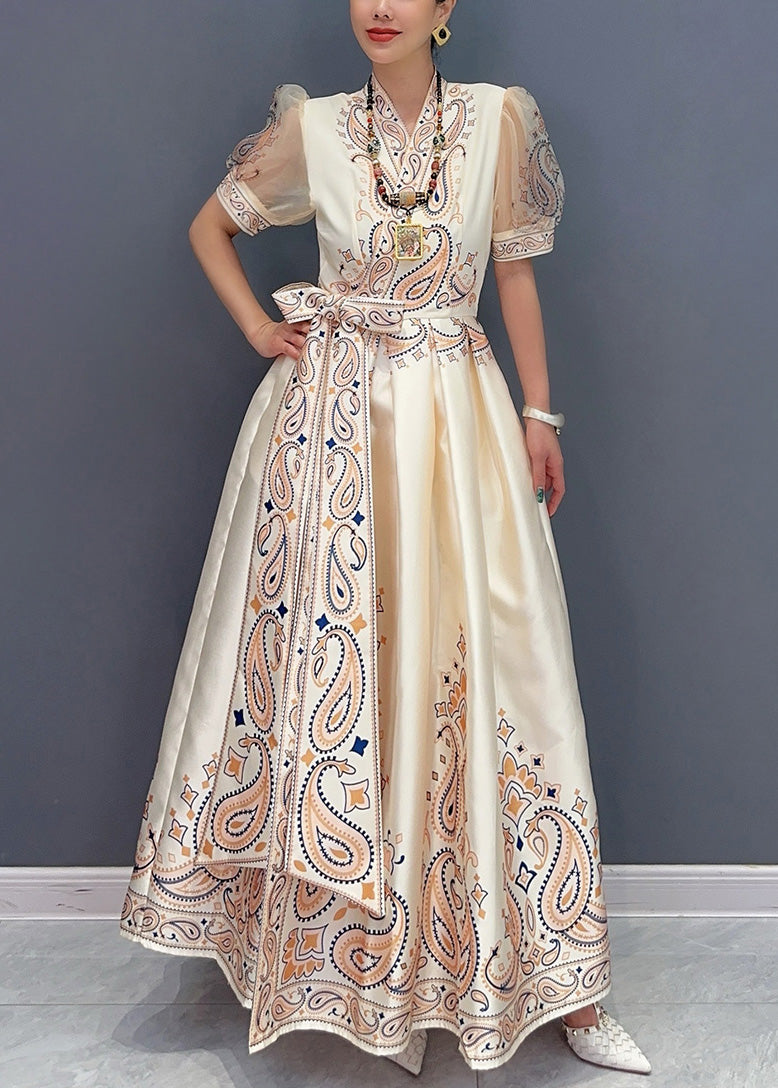 Paisley Print Satin Stand Collar V-Neck Puff Sleeve Tie Waist A-Line Maxi Gown