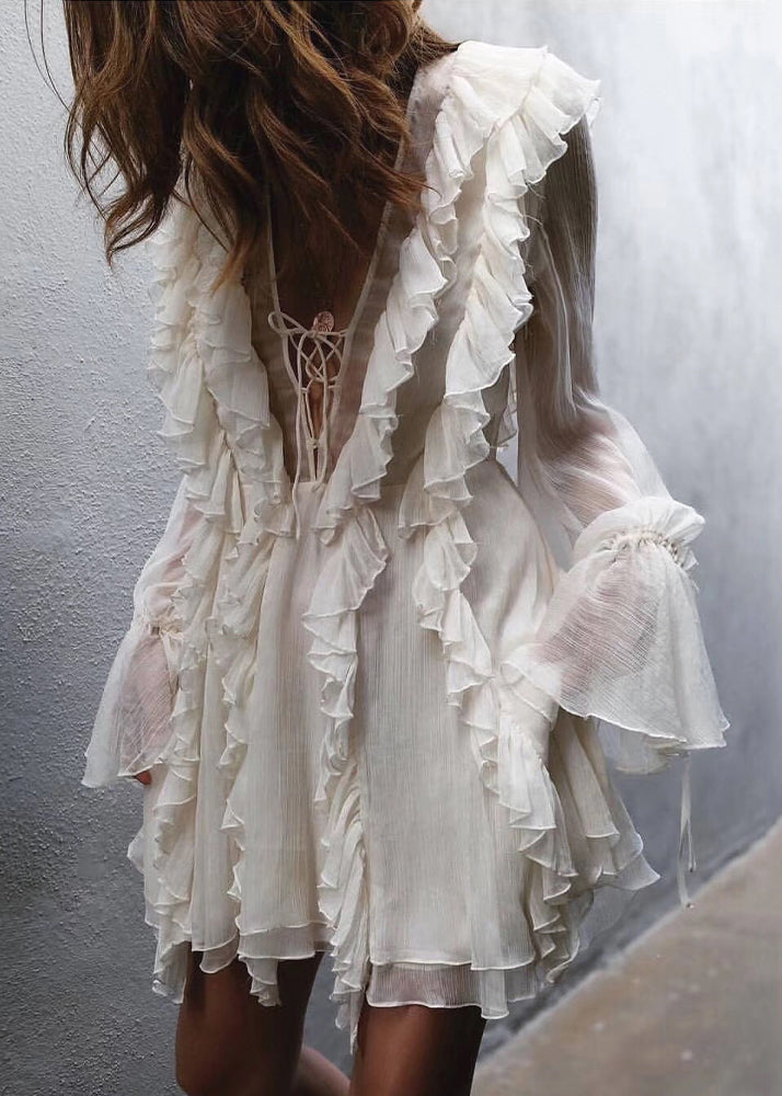 Ruffle Trim Lace Up Deep V Back Flare Sleeve Chiffon Mini Dress