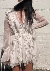Elegant Beige Ruffled Lace Up Chiffon Mini Dresses Flare Sleeve 2