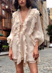 Elegant Beige Ruffled Lace Up Chiffon Mini Dresses Flare Sleeve 3
