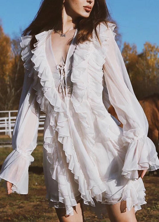 Elegant Beige Ruffled Lace Up Chiffon Mini Dresses Flare Sleeve 4