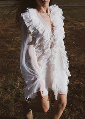 Elegant Beige Ruffled Lace Up Chiffon Mini Dresses Flare Sleeve 5
