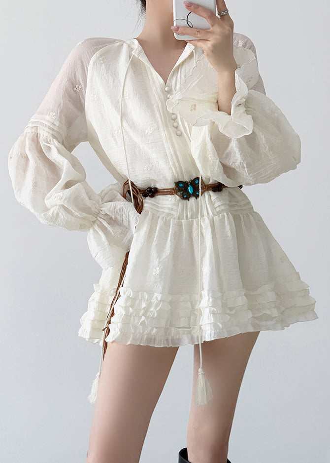 Elegant Beige Ruffled Lace Up Cotton Mini Dress Fall 2