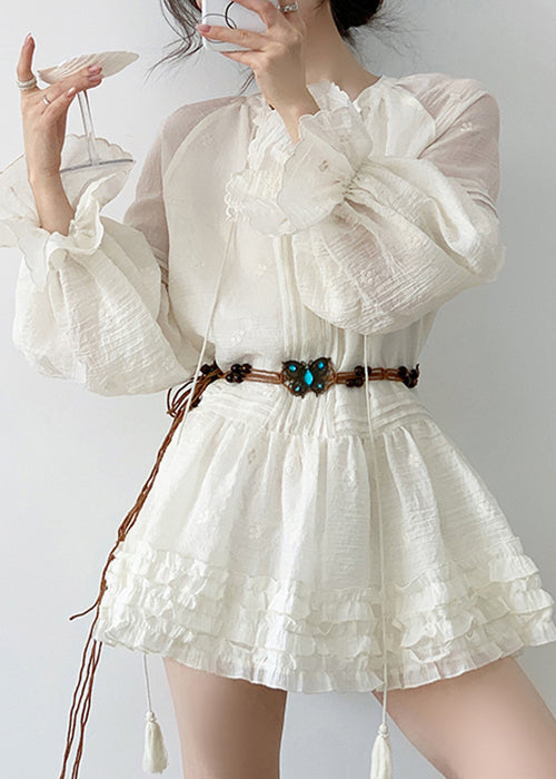 Elegant Beige Ruffled Lace Up Cotton Mini Dress Fall 4