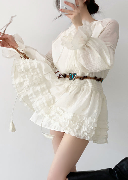 Elegant Beige Ruffled Lace Up Cotton Mini Dress Fall 5