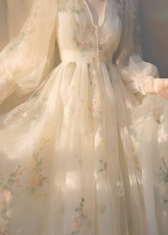 Elegant Beige V Neck High Waist Tulle Maxi Dresses Long Sleeve 3