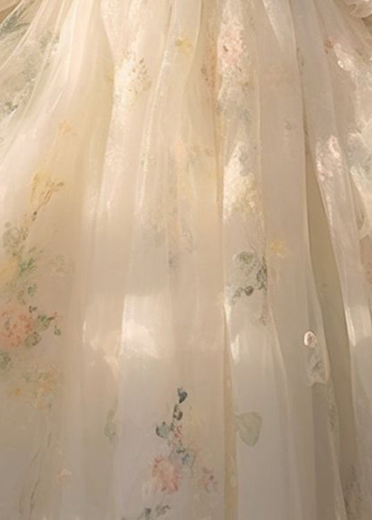 Elegant Beige V Neck High Waist Tulle Maxi Dresses Long Sleeve 4