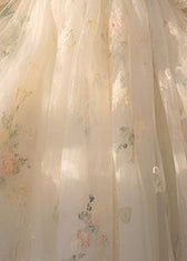 Elegant Beige V Neck High Waist Tulle Maxi Dresses Long Sleeve 4